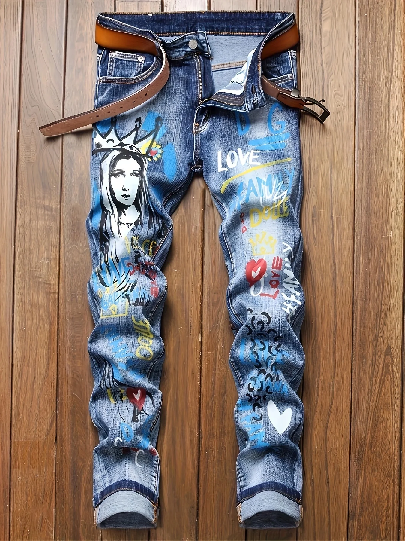 Mens Graffiti Art Jeans - Stretchy Cotton Blend, Slim Fit, Vibrant Allover Print - Perfect for Spring Summer Casual Style