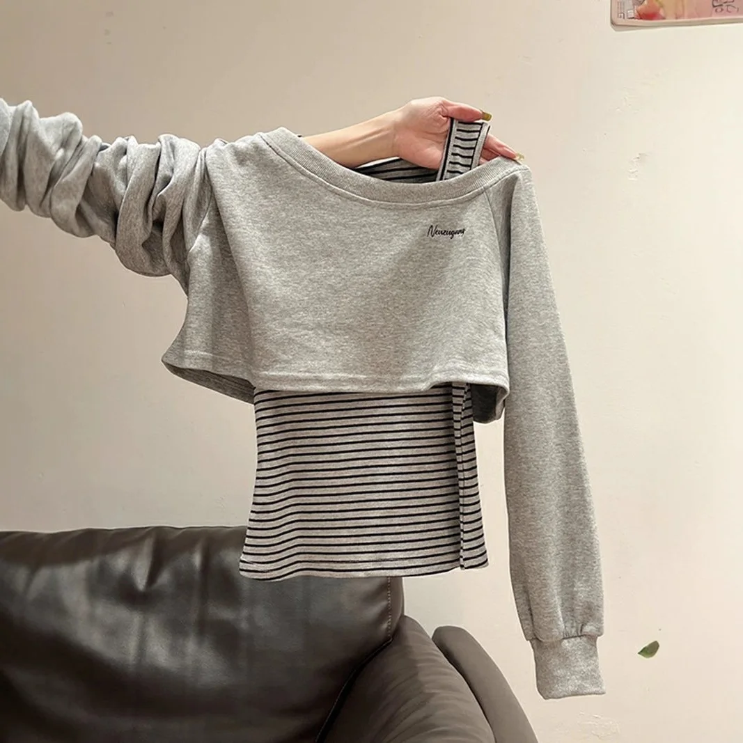 

Women Set 2025 Autumn Winter Asymmetric Shoulder Women's Set Heather Gray Striped Long-Sleeve Sweatshirt + Stylish Vest 2 Piece