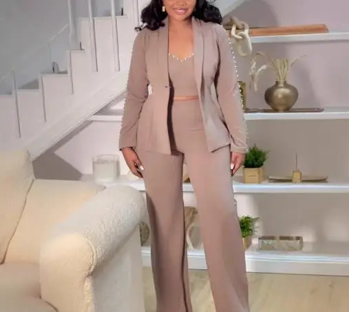 

Pearl Decorated Suit Jacket with Exposed Navel Straps and High Waisted Straight Leg Pants Set for Autumn Women's Three Piece Set