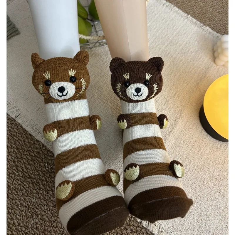 

Вязаные вручную теплые носки с двойным слоем и милыми 3D-изображениями животных (кролик, панда). Милые носки для дома. Подарки.