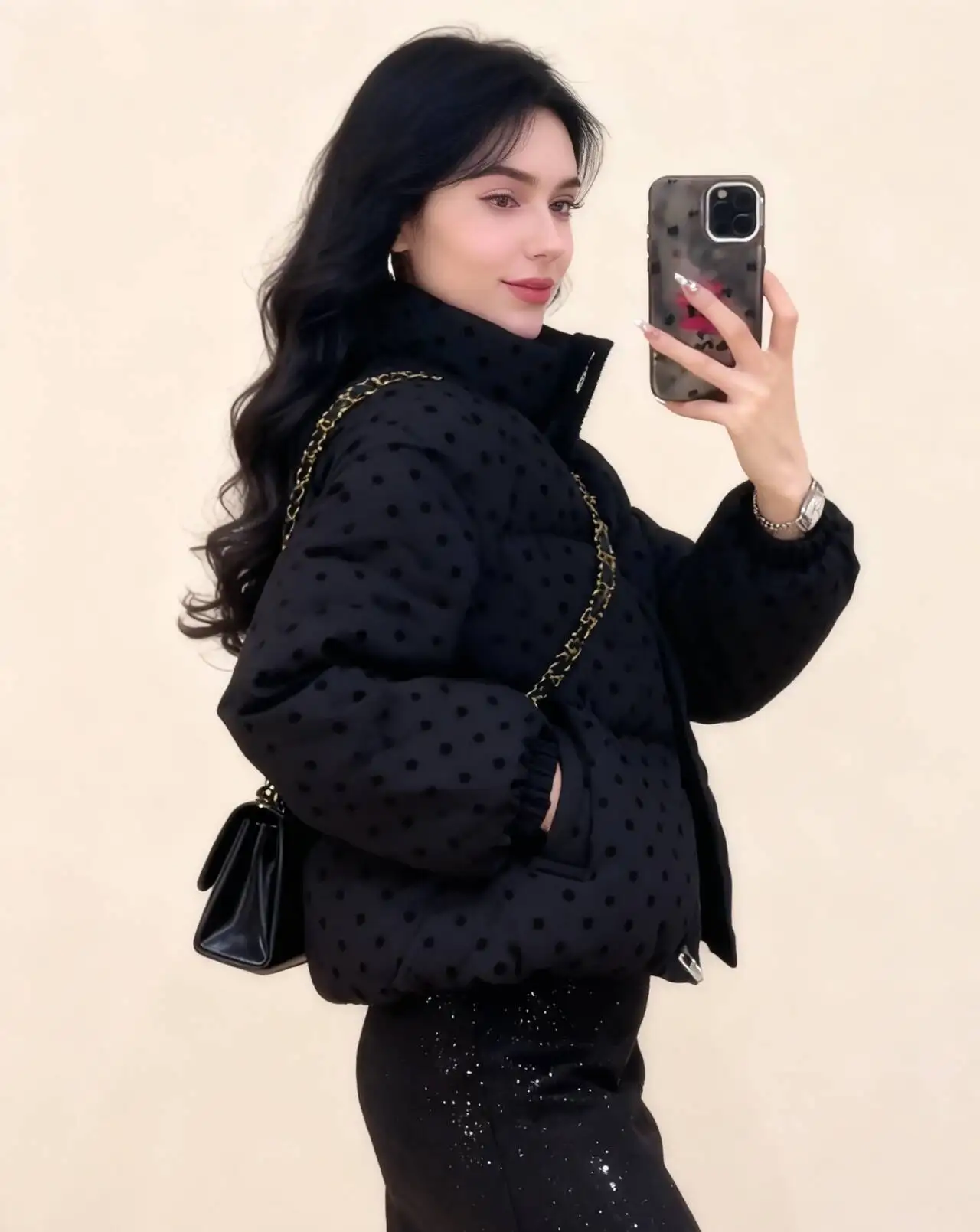 

Parkas Womens Informales Winter French Style Fleece-Lined Checkerboard Ribbed Trimmed Extended Hem Stand-Collar Double-Layered