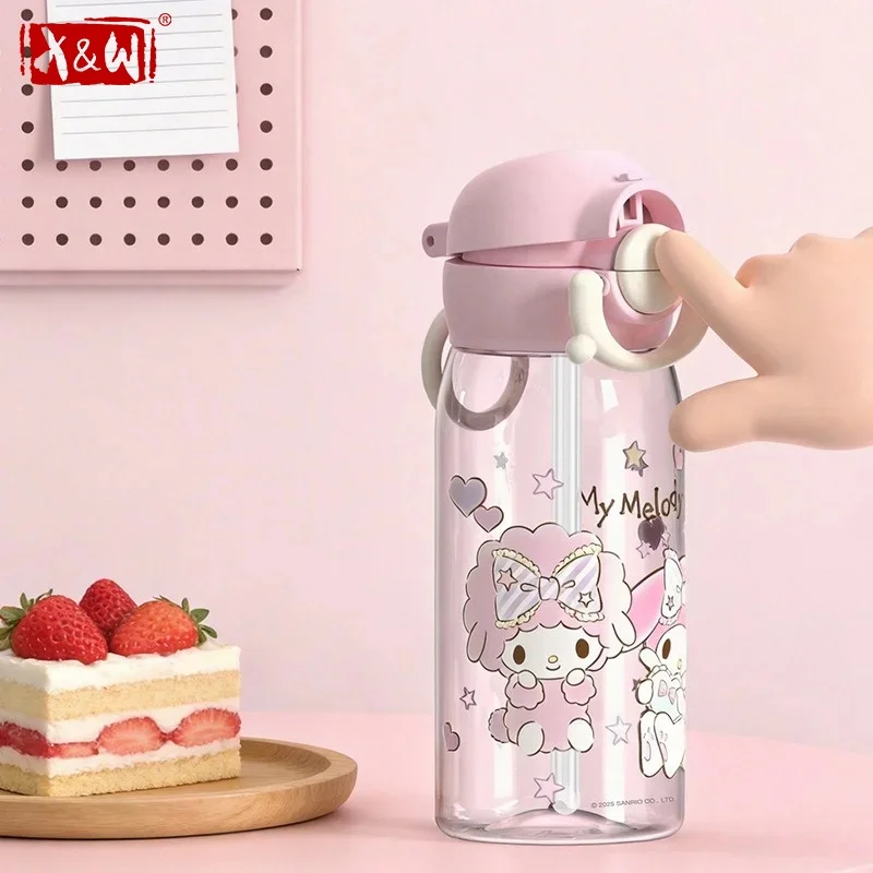 X&W Sanrio Cartoon Space Cup Transparent Straw Water Bottle with Carry Loop＆Pop-up Lid Hello Kitty Leak-proof Beverage Cup Gifts