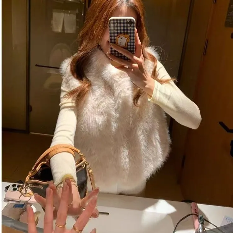 3D Fluffy Jacket Shoulder Drop down Women's Fashionable Synthetic Leather Vest Coat Casual Style Standard Fit  Fur Outerwear