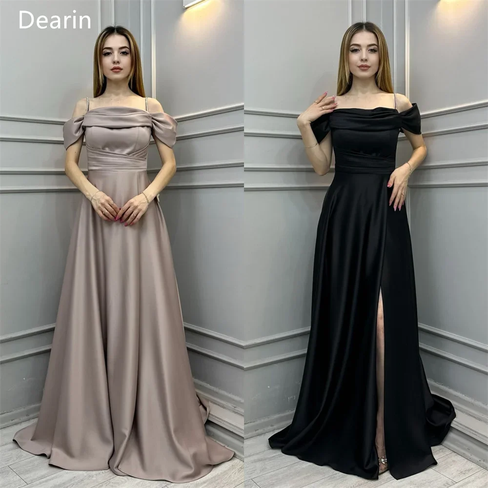 Abito da sera personalizzato da donna formale Dearin cinturino per spaghetti A-line lunghezza pavimento gonne drappeggiate arricciate abiti da cerimonia su misura P