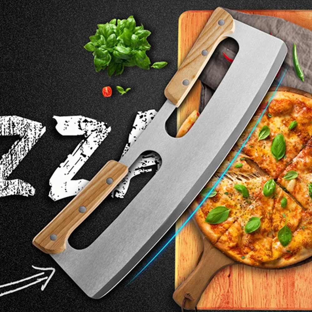 

35CM Pizza Cutter Stainless Steel Wooden Double Handle Dough Slicer Pie Kitchen Knife Baking Accessories Bakeware Tools