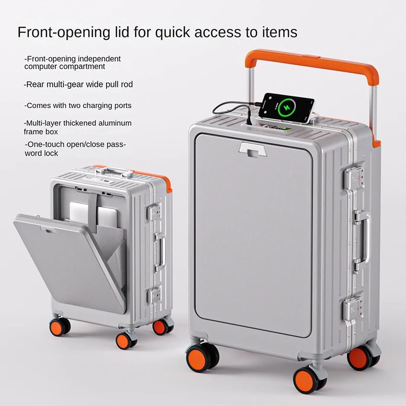 

28-дюймовый чемодан с передним отсеком, отделением для ноутбука, широкой ручкой, алюминиевой рамой, чемодан для ручной клади из ABS+PC, 20 дюймов