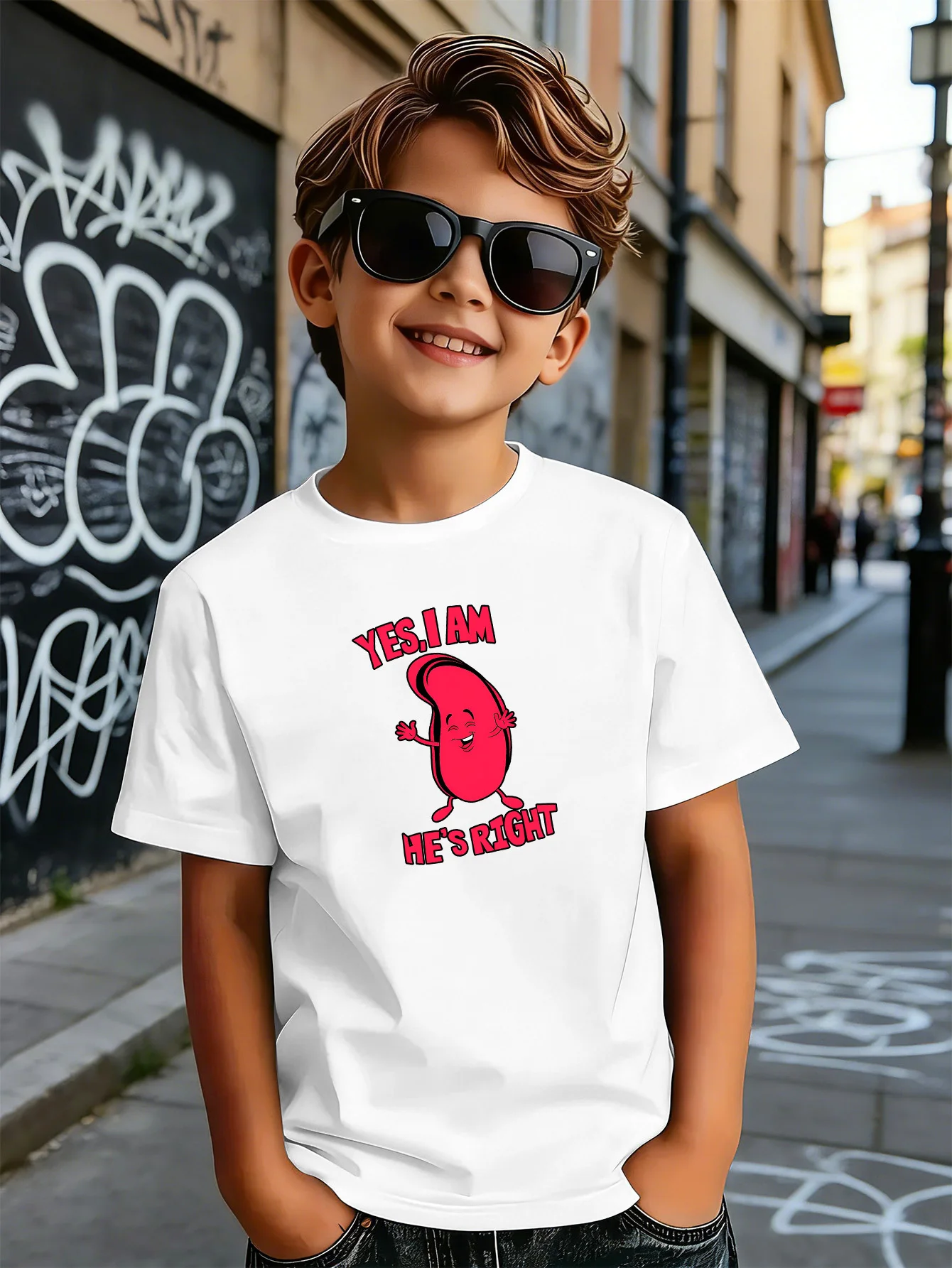 Cartoon Red Bean Funny Slogan Graphic Print Boys Girls Family Matching Cotton Short Sleeve Crew Neck Soft Summer Kids Casual Tee