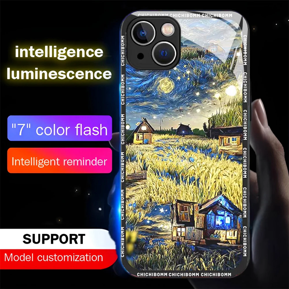 Ölgemälde-Kunstdesign Schallgesteuerte LED-Blitzhüllen Leuchtende Glasabdeckung für iPhone Air 17 E 16 E 15 14 13 12 11 Pro Max Plus – Detail 11
