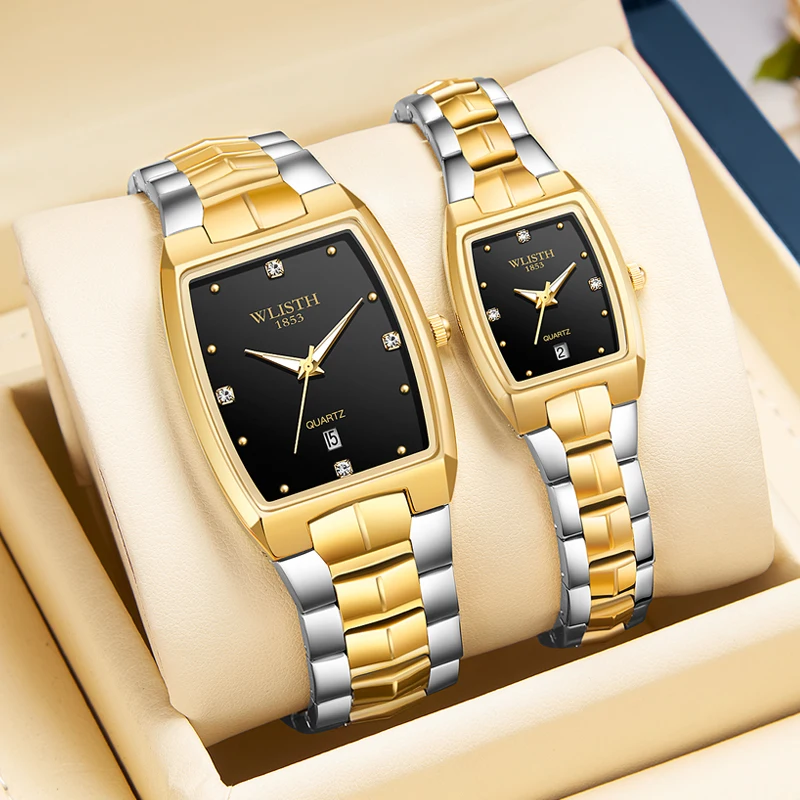 

Rectangular Luxury Couple Watch Gold Fashion Stainless Steel Lovers Quartz Wrist Watches For Women Men Analog Date Wristwatches