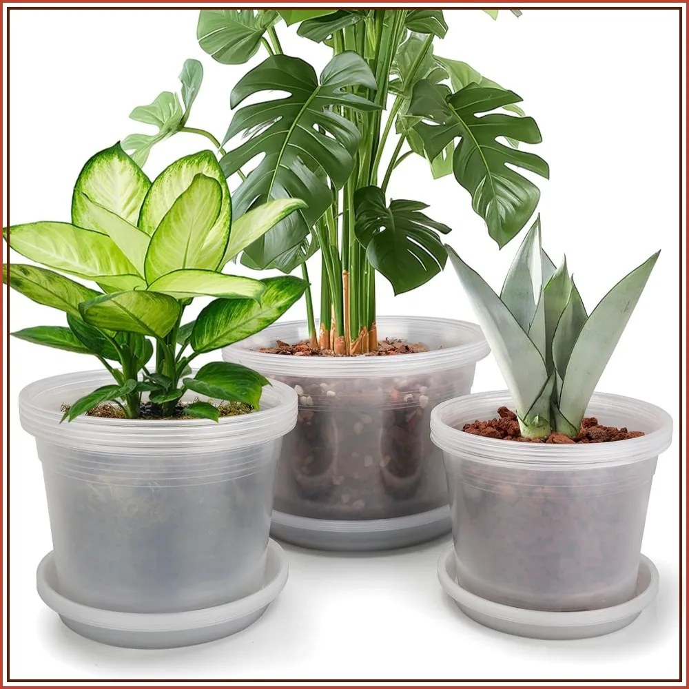 15 Pack Clear Nursery Pots 8/10/12 Inch with Saucers, Plastic Planters with Drainage for Indoor Outdoor Use
