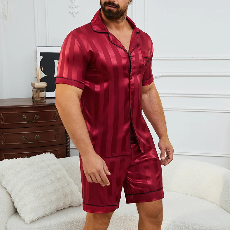 

2026 Men's Pajama Satin Stripe Print Design Short Sleeve Pajama Set Soft Comfortable Sleepwear Summer Lightweight Lougewear Pjs