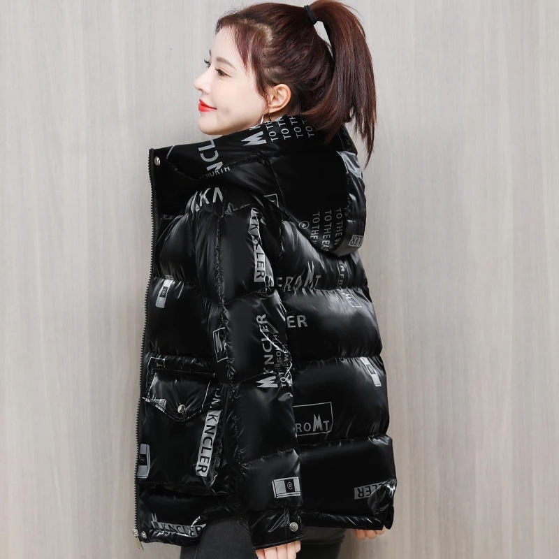 Wash-Free Parkas Hooded Top New Winter Women Down Cotton Coat Short Long Sleeve Bright Padded Jacket Female Letters Warm Outwear