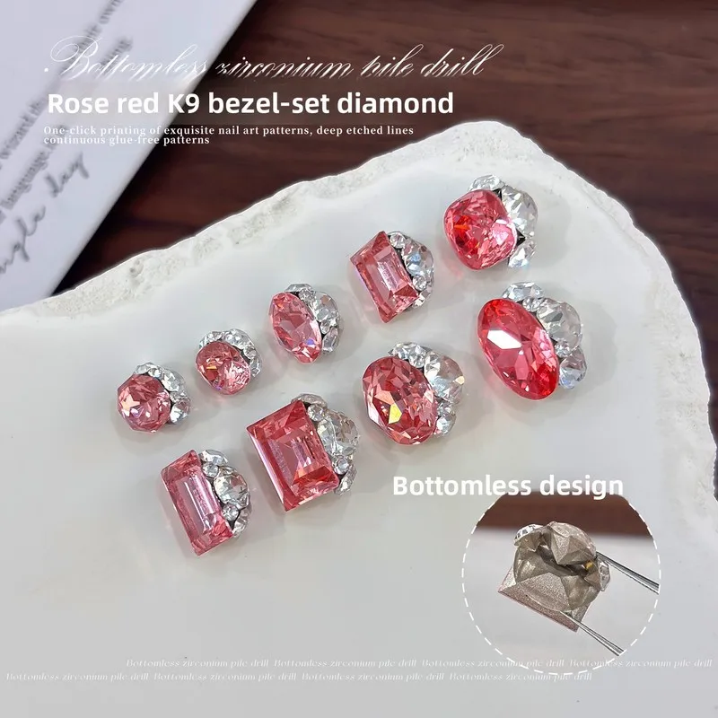 LYLE 3Pcs K9 Stacked Rhinestone Nail Art Charms Trendy Light Luxury Sparkly Rose Pink Rock Candy Octagon Pigeon Egg No Base Ball