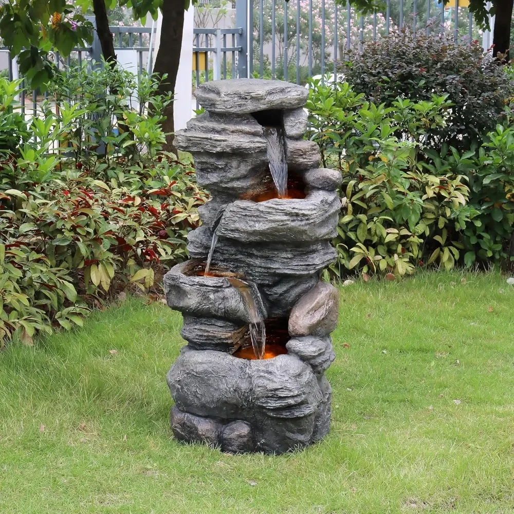 

Outdoor artificial stacked stone 4-layer fountain,LED lights and pump, 18.11 inches long x 12.99 inches wide x 39.37 inches high