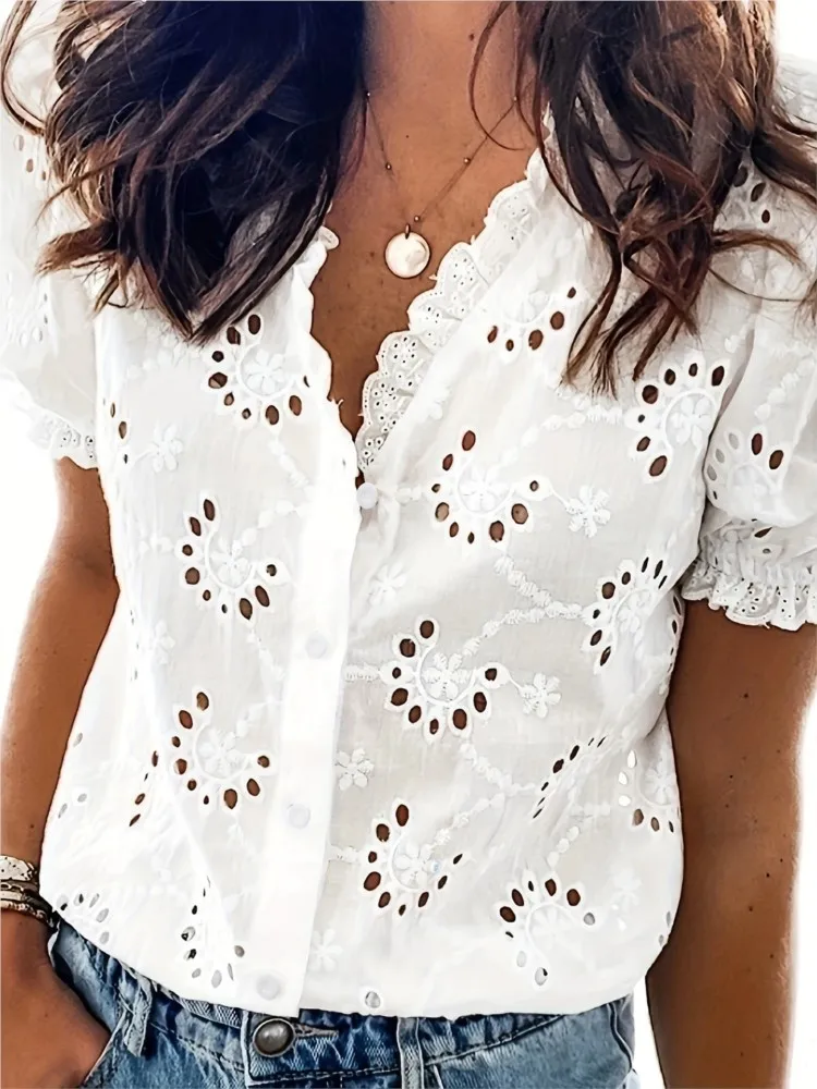 

White Lace Ruffles Shirt For Women Fashion Short Sleeve V Neck Hook Flower Hollow Button Shirts Tops Lady Casual Holiday Clothes