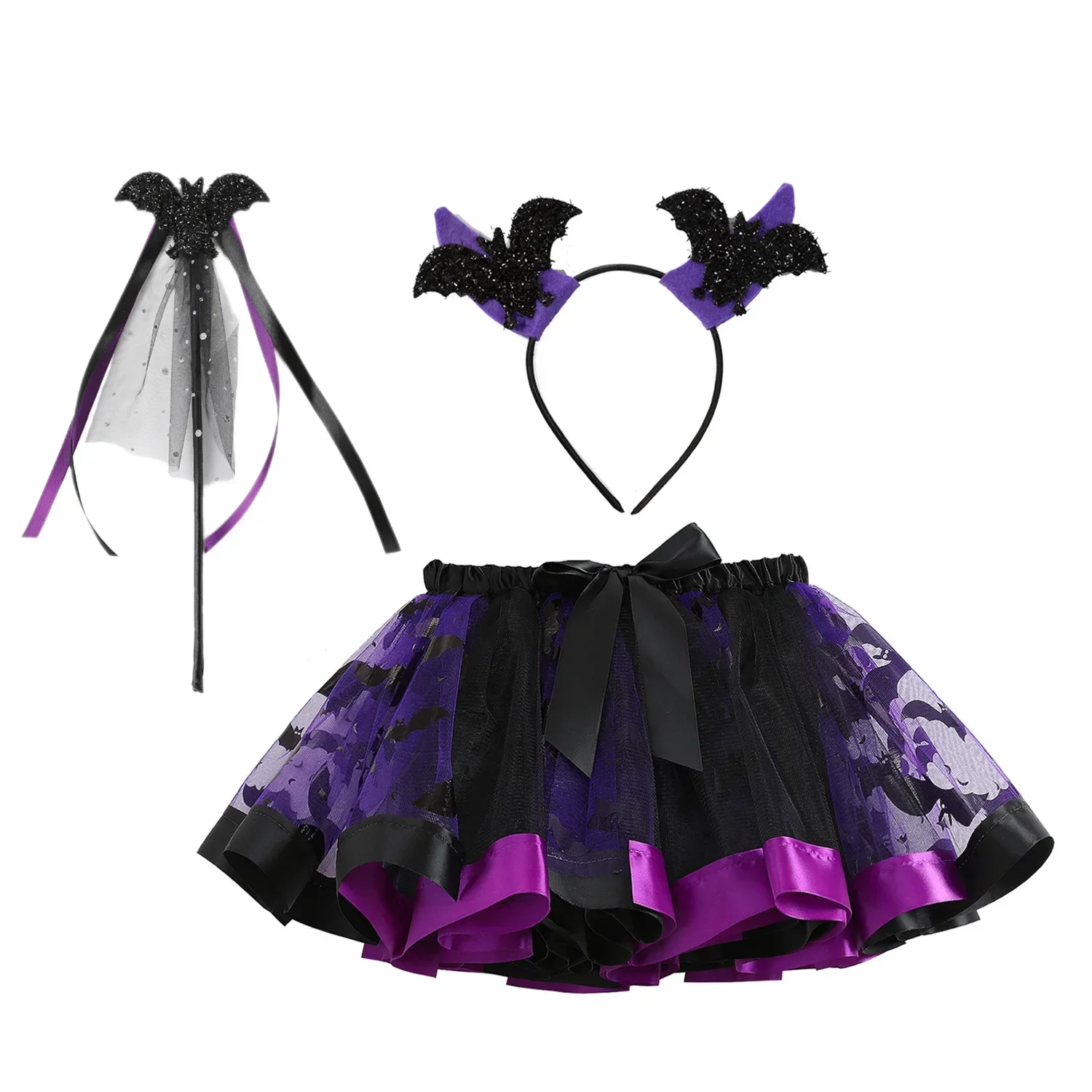 Kids Girls Tutu Skirt with Hat and Broom Cute Witch Costume Halloween Party Ballet Dress for Perform Costume Performance Skirt