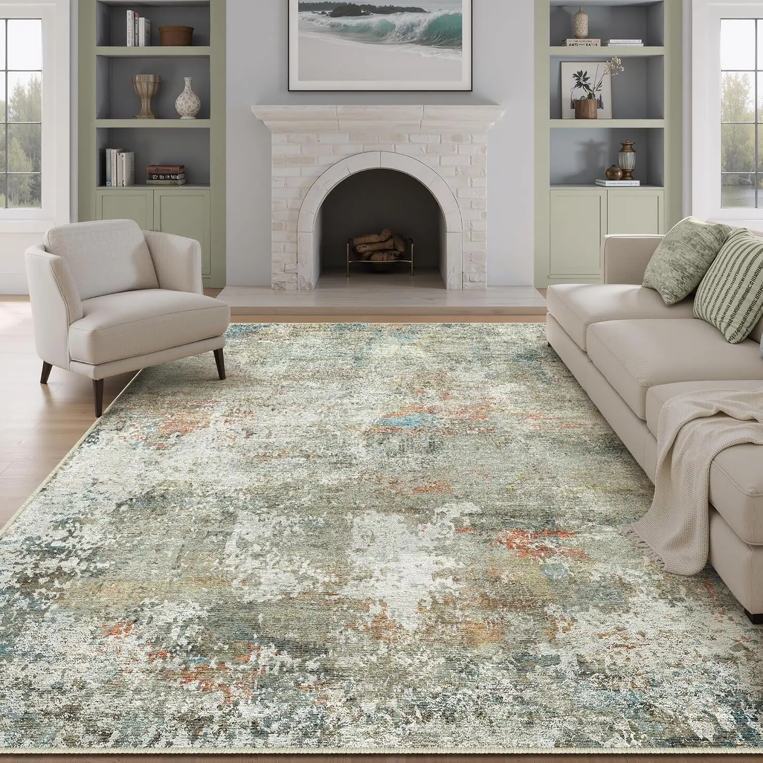 

6x9 Modern Abstract Area Rug Orange Grey Non-Slip Washable Low Pile Soft Carpet for Living Room Bedroom Home Decor