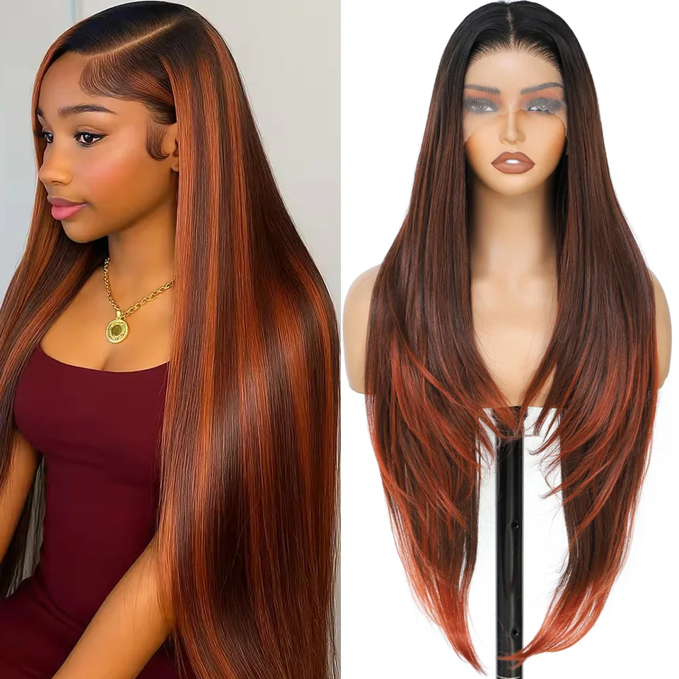 

30 Inch Ombre Burgundy 13x4 Straight Lace Front Wig 180% Density 13x4 Transparent Lace Front Wigs Synthetic Hair Wig For Cosplay