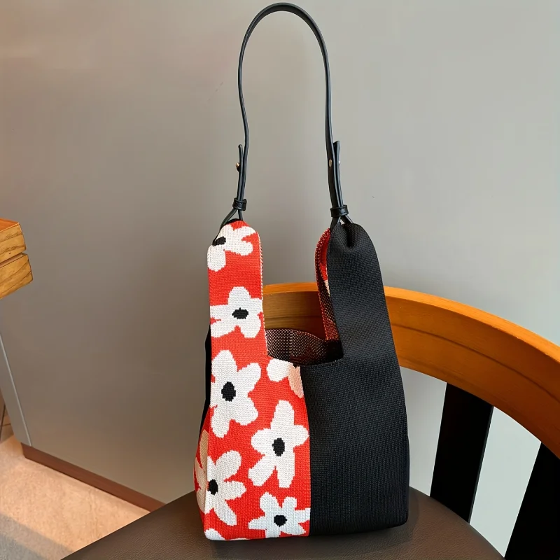 Colorblock Flower Pattern Knitted Satchel Bag, Versatile Mini Shopping Handbag