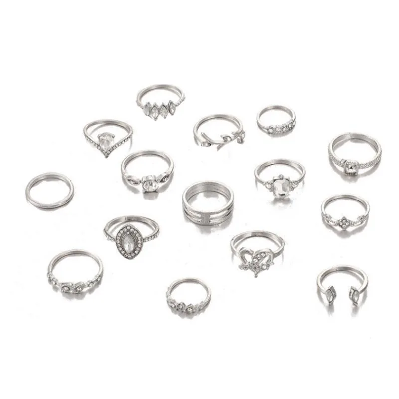 Vintage Bohemian Style 15 Pieces Ring Set for Women Inlaid Rhinestone Metal Ring Fashion Jewelry Party Gifts For Girls