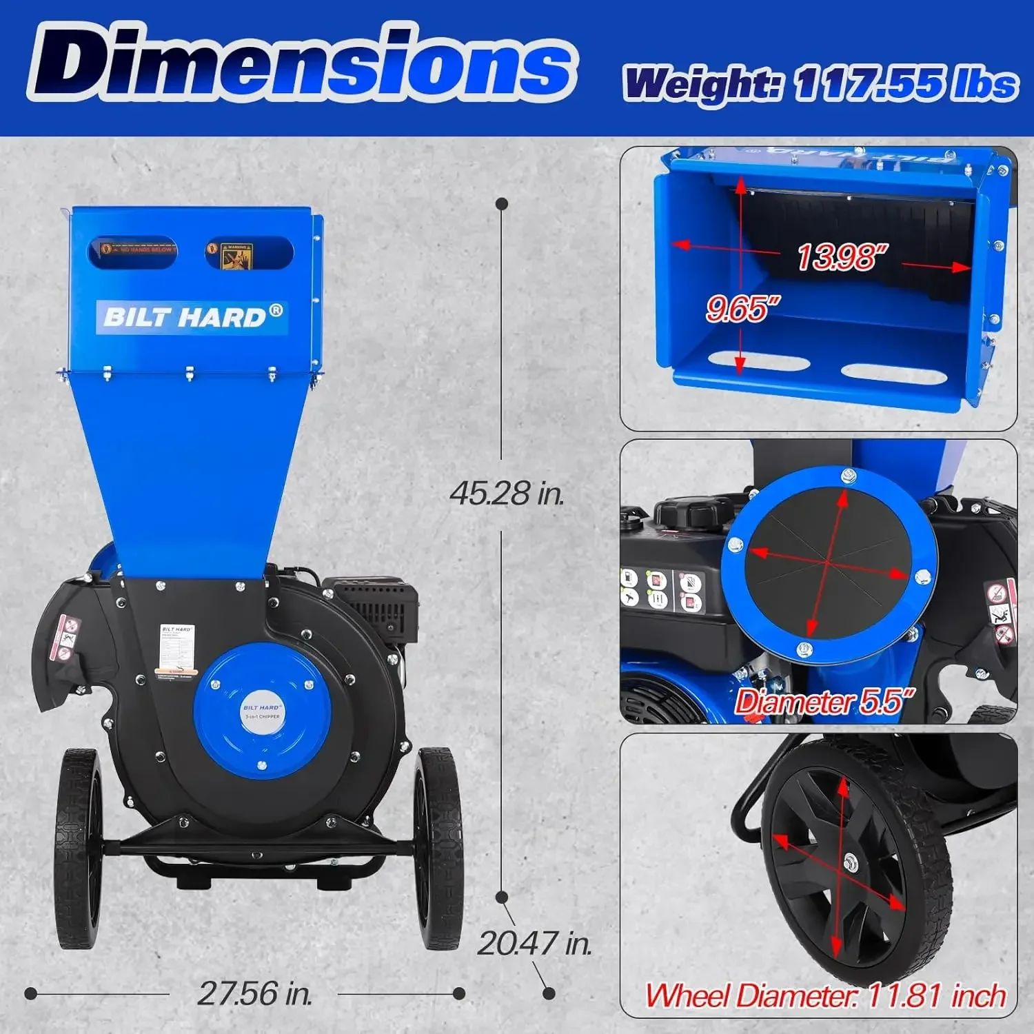 Wood Chipper - 7.5 HP 224cc Gas Powered Shredder, 2 in 1 Multi-Function Heavy Duty, 3" Max Wood Diameter Capacity image 3