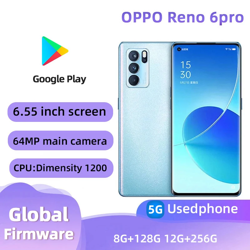 oppo Reno6 pro 5G Android CPU MediaTek Dimensity 1200 6.55 inches Screen 12GB RAM 256GB ROM 64MP camera All Colours used phone