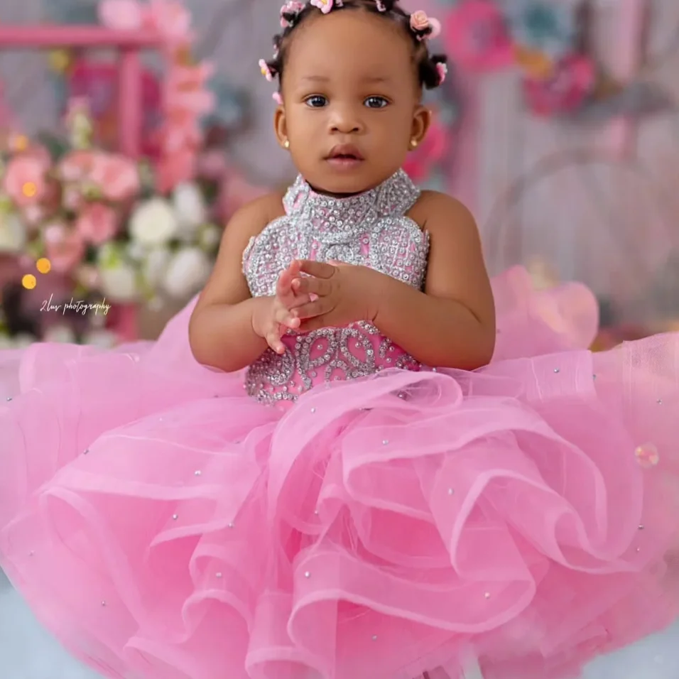 Nieuwe Roze Bloemenmeisje Jurken Gelaagde Gezwollen Organza Tutu Outfit Verjaardagsfeestjurken Kids Trouwgasten Jurken Kerstjurk