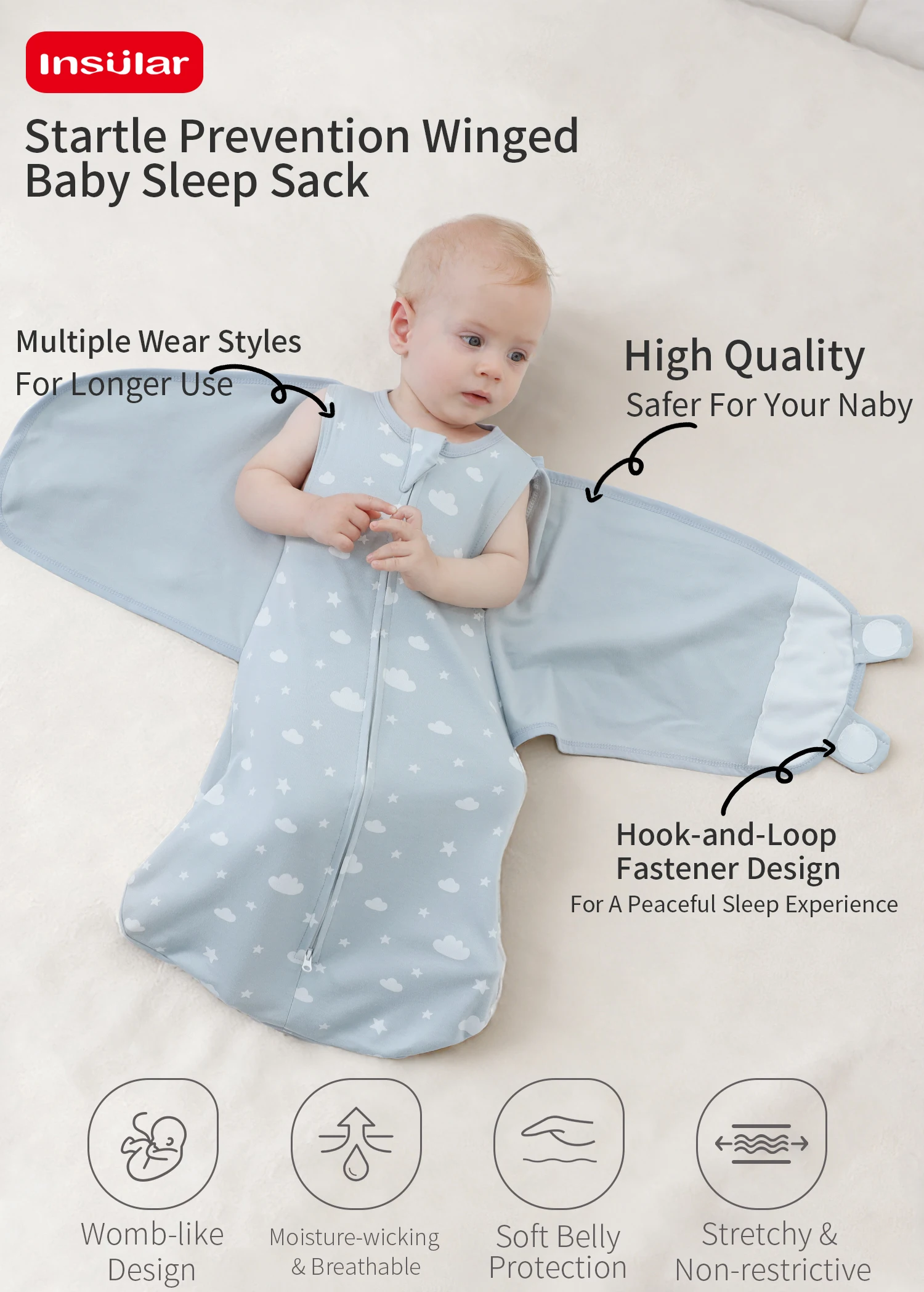 INSULAR All-Cotton Four-Seasons Baby Anti-Moro Reflex Sleep Sack, Newborn Anti-Kicking Swaddling Blanket