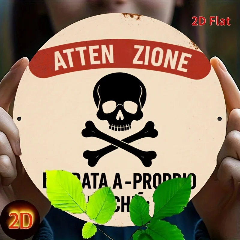 HD Tin Sign, Vintage Atten Zione Skull Crossbones Round Metal Wall Art, Retro Warning Sign Decor