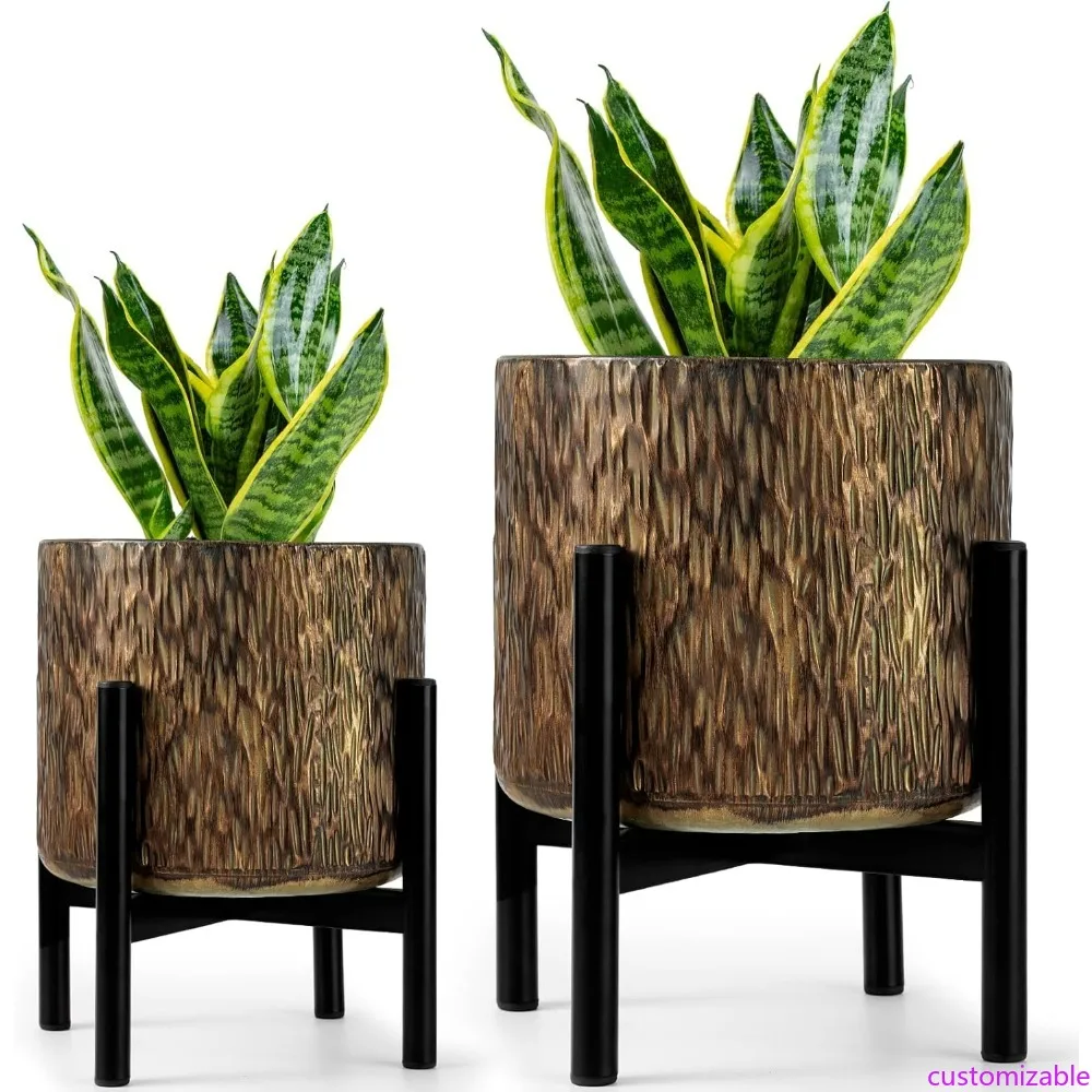 

Pair of Large Modern Metal Plant Pots with Stands and Drainage for Indoor Outdoor Use