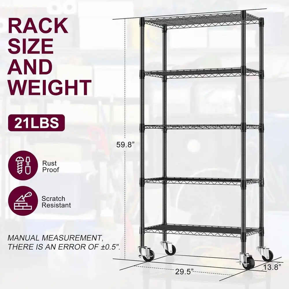 5-Shelf Metal Storage Rack with Wheels, 14x30x60, 750 lbs Capacity, Adjustable Wire Shelving for Home & Garage