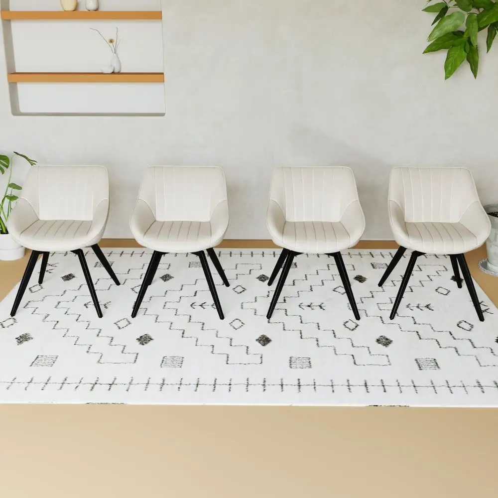4 كراسي طعام بيضاء من البولي يوريثان في منتصف القرن كراسي مطبخ مريحة حديثة مع أرجل معدنية سوداء مريحة مبطنة وسهلة التنظيف #4
