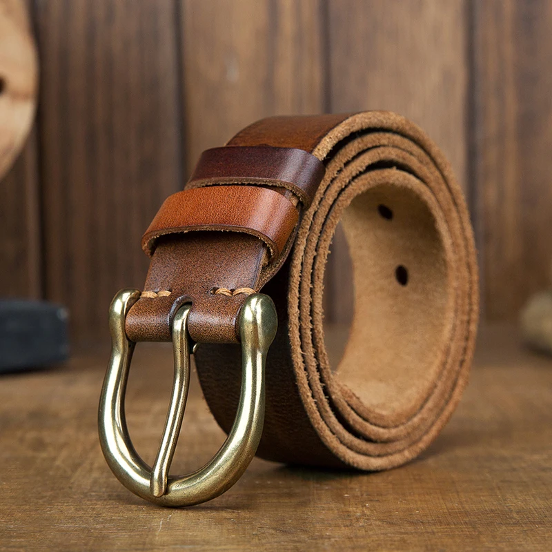 

High Quality Handmade Full Grain Cowhide Leather Male Belt With Copper Pin Buckle Adult's Pants Waist Strap Genuine Leather Belt