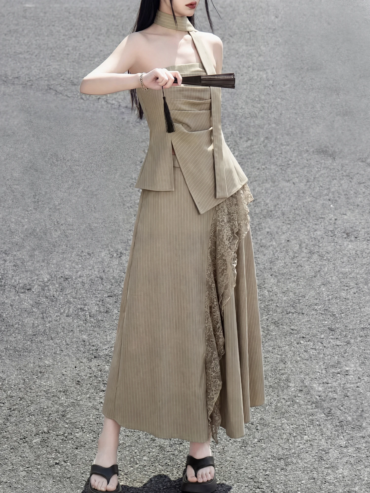 

Light Brown Deconstructed Striped Set with ter Top And Slimming Splice Skirt Ele Women's High Waist A-Line Skirt