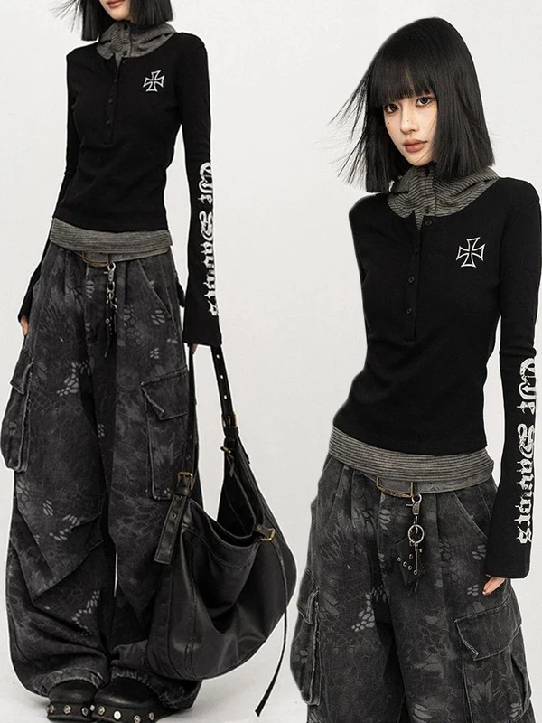 

American Sle Loose High Waist Snake Print Wide Leg Pants Drapey Casual Cotton Polyester Blend Workwear Trousers for Women