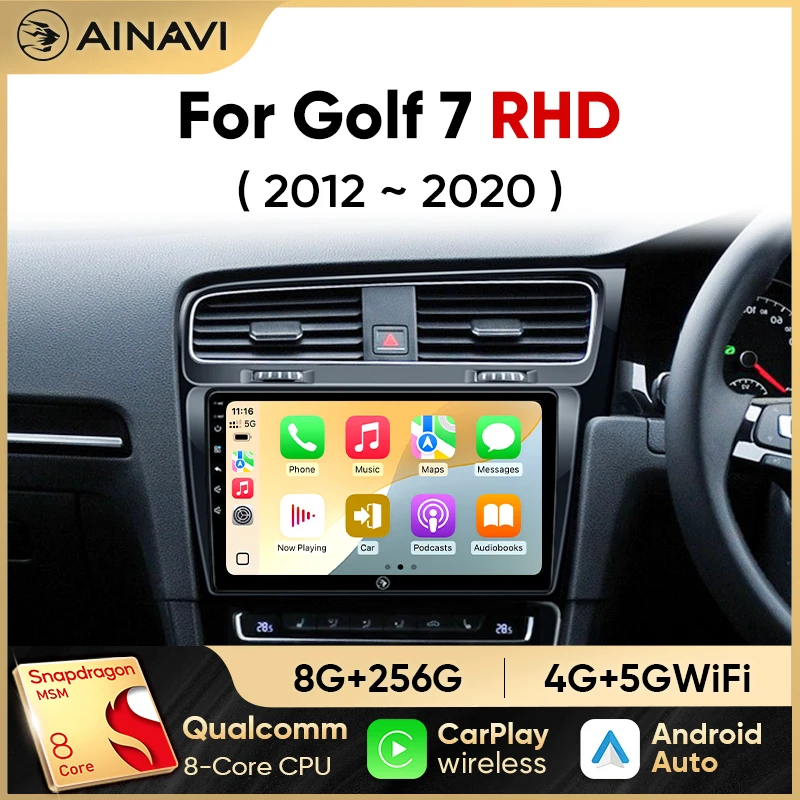 Ainavi Car Radio For Volkswagen VW Golf 7 MK7 RHD 2012 2013 2015 2017 2019 2021 Carplay Android Auto Car Multimedia Player 2 Din