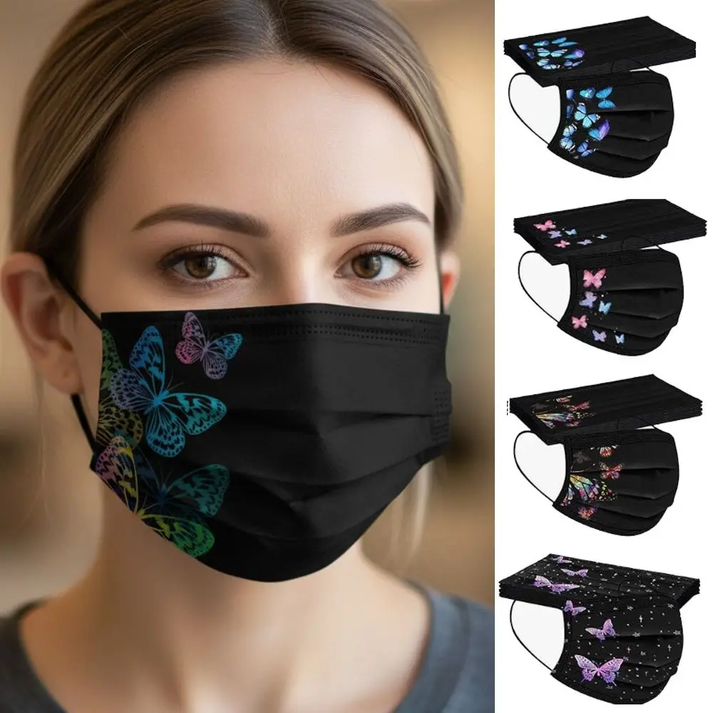 

10 шт. одноразовых масок для лица с красочным принтом бабочек, трехслойные, из нетканого материала, противопылевые, черные, безопасные для кожи