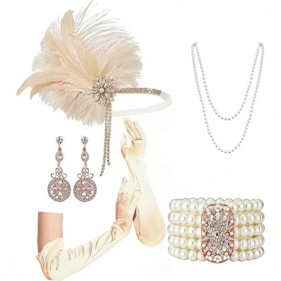 1920s Gatsby Flapper Costume Accessories Set Emerald Green Feather Headband Multi Layer Pearl Necklace Pearl Stretch Bracelet