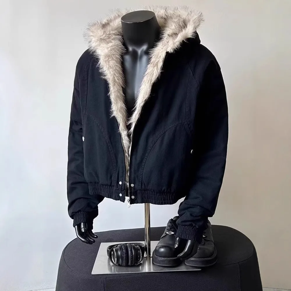 

American Retro Woolen Collar Hooded Cotton Jacket Winter Thick Plush Top Men Street Hip-Hop Gothic Harajuku Oversize Jacket Coat