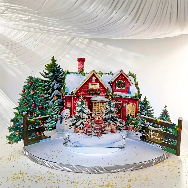 1 x Pop-Up-Weihnachtskarte mit verschneitem Winterhaus- und Umschlag im Lebkuchen-Design inklusive festlicher Gruß für Familienfreunde