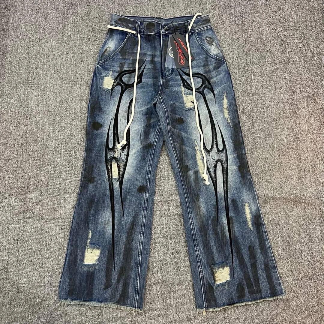 

Retro American High Street Casual Denim Jeans Heavy Proced Water Waed Worn out Aalyptic Sle Youth Spring Autumn Wear