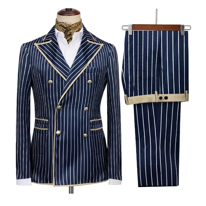 

High-end Striped Men Suits Peak Lapel Double Breasted 2 Piece (Blazer+Pants) Blazers Slim Smart Causal Formal Jacket Tuxedos