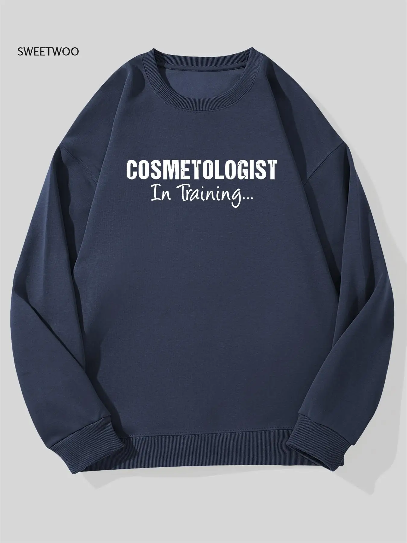 

Men's Cosmetologist In Training Graphic Sweatshirt - White Casual Crew Neck Pullover with Bold Black Lettering, Loose Fit