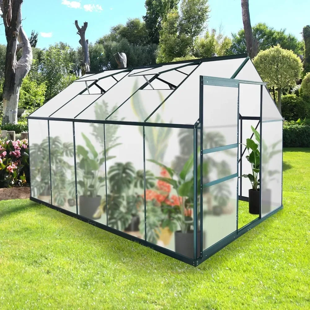 6'X 10' Walk-in Greenhouse, Polycarbonate Greenhouse with Sliding Door, 2 Vent Window, Rain Gutter for Outdoor