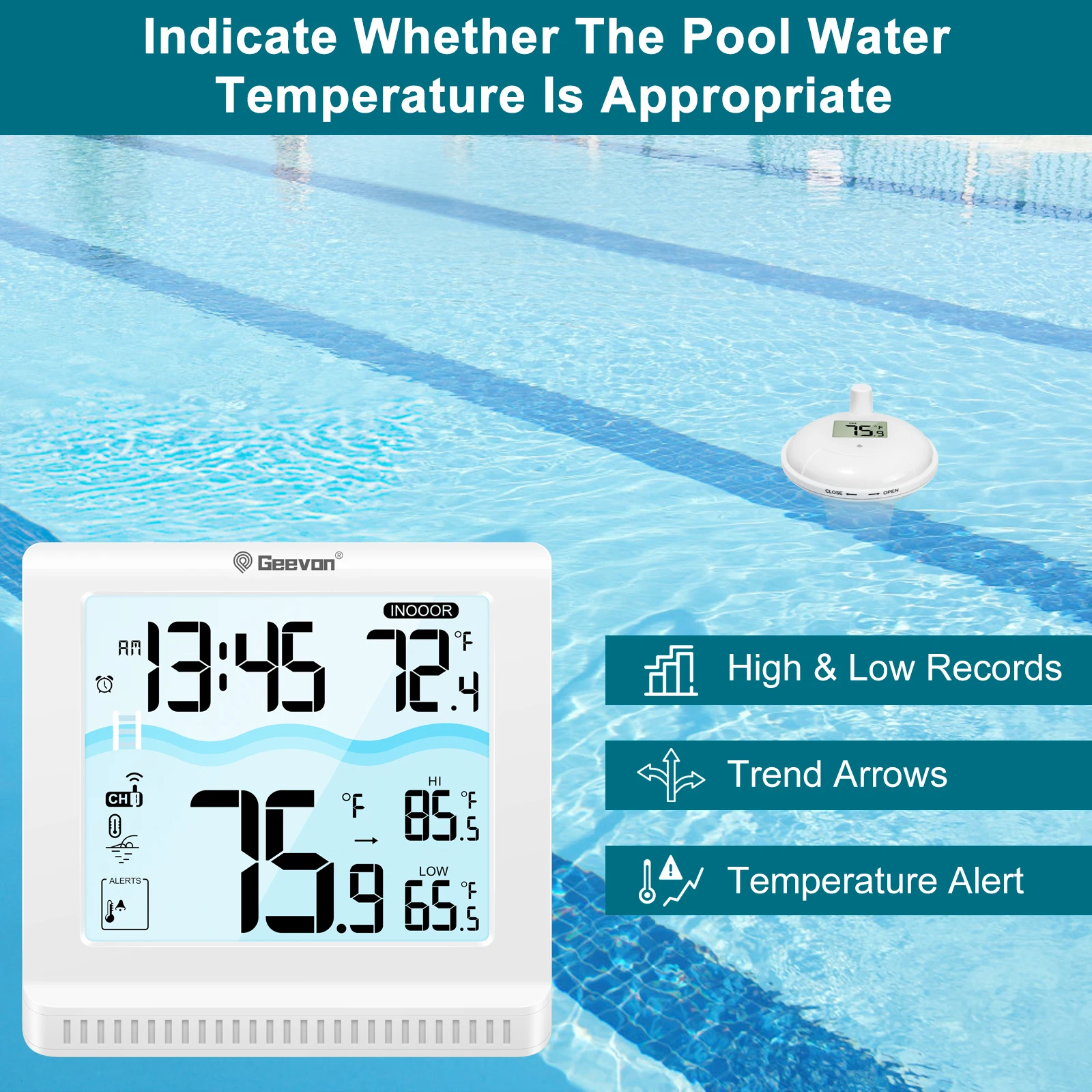 Imagem -06 - Geevon Wireless Floating Pool Termômetro Despertador Temperatura Interior para Piscina Banho Spa Hot Springs 49