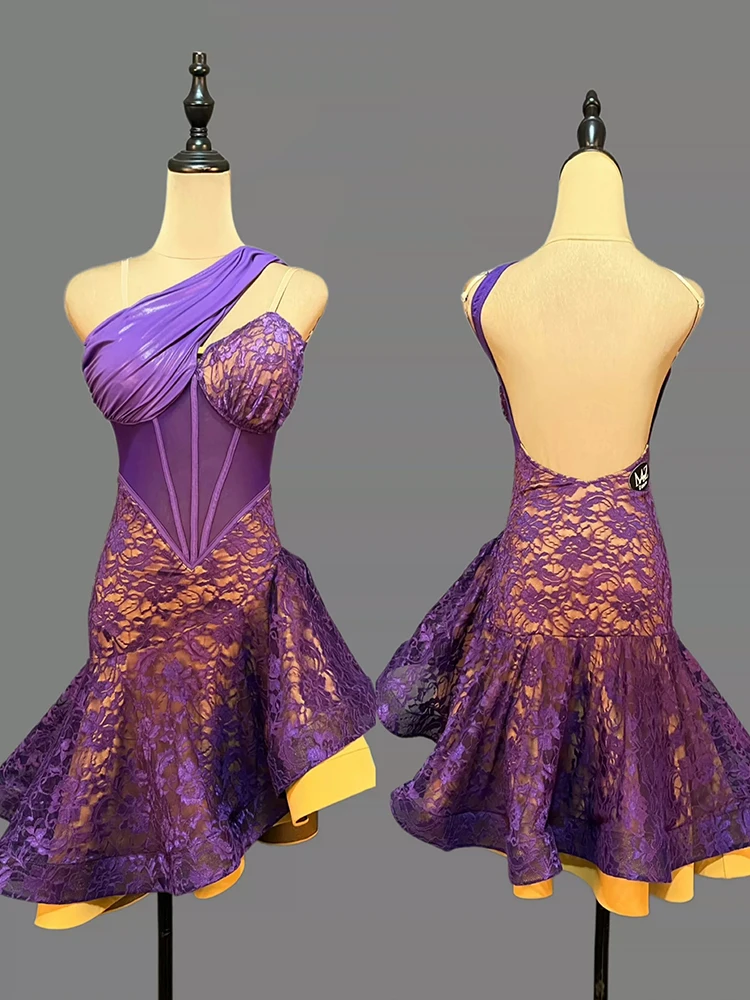 Backless Purple Latin Dance Dress Women Lace Flounce Dress Adult Latin Show Performance Stage Outfit Competition Clothing 3020
