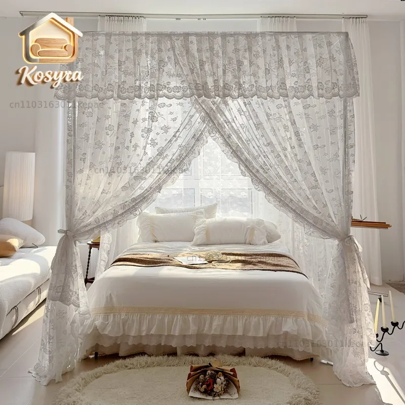 

Thickened encrypted lace mosquito net French princess floor-to-ceiling three-door bedroom double court sleeping net bracket