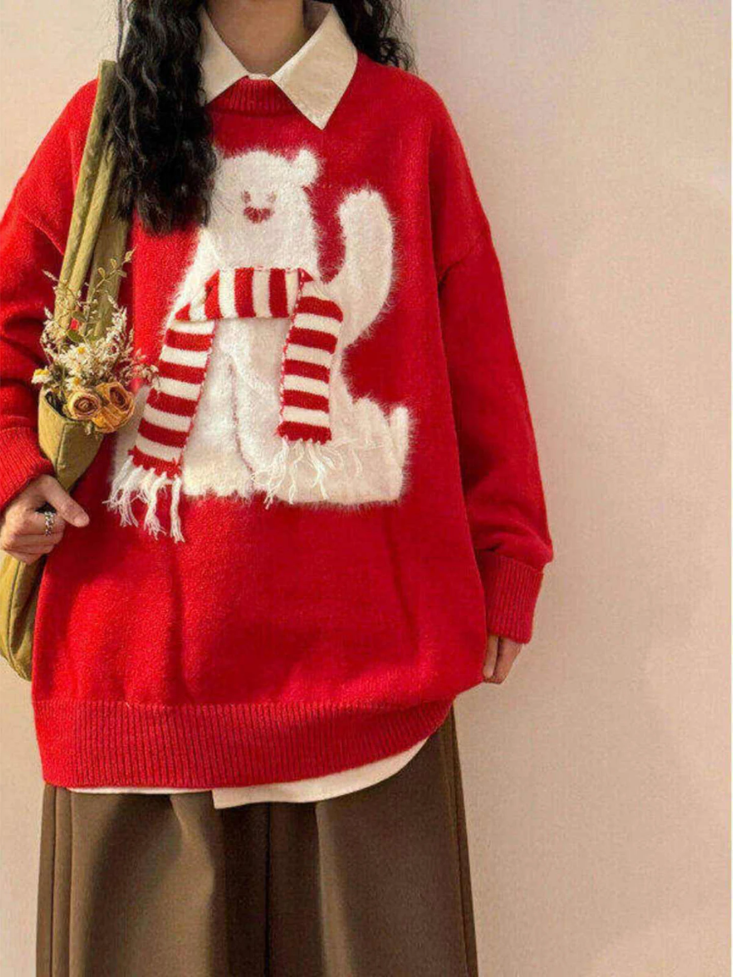 

Autumn Winter Cartoon Polar Bear Knitwear round Ne Loose Casual Lazy Sle Men's Sweater Couple's Outerwear Trendy
