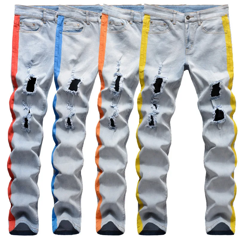 Light blue stretch slim-fit ripped pants all painted hand painted strip trim men's jeans trend