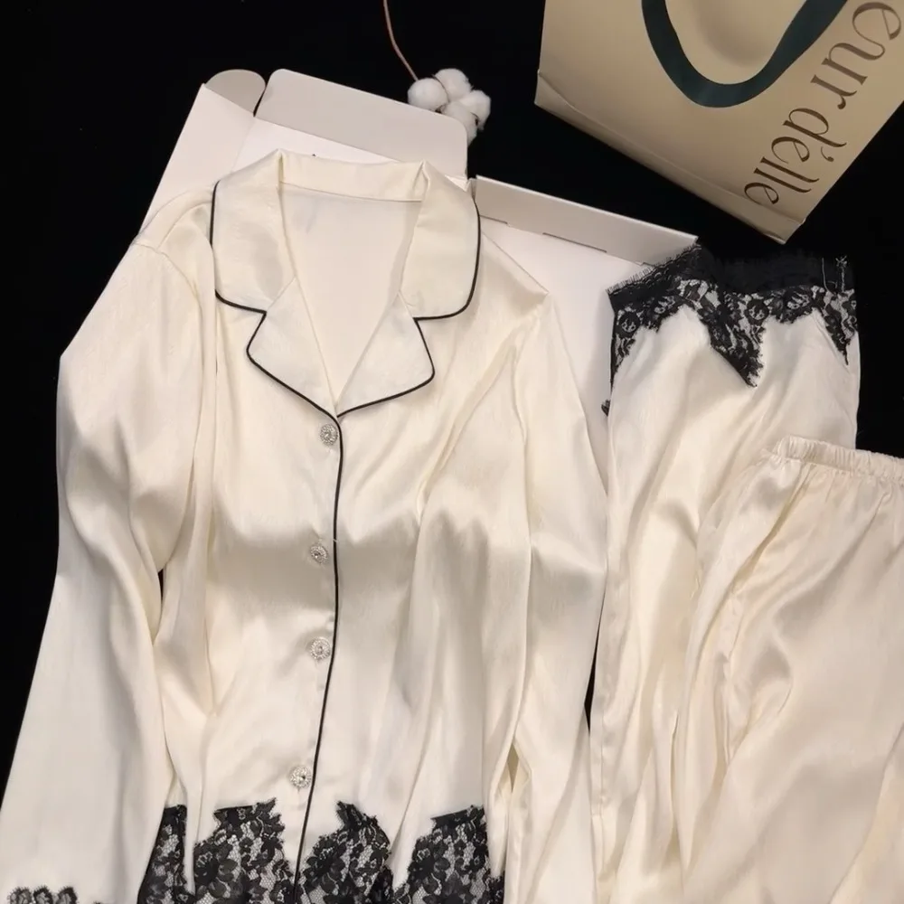 Spring Autumn Ice Silk Women's Sleepwear Pajama Set Long Sleeve Buttons Lapel Top with Elastic Pants Nightwear 2 Piece Nighty